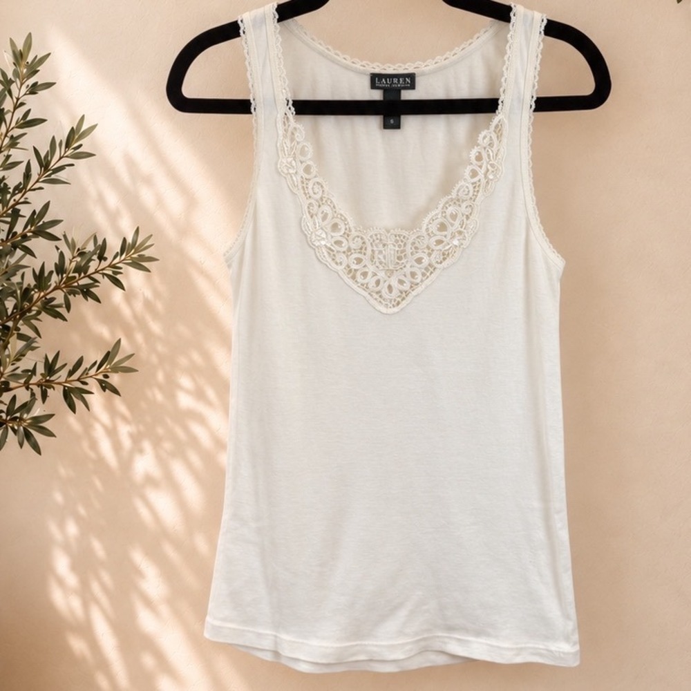 Lauren Ralph Lauren White Cotton Lace Trim Tank Top V-Neck Camisole Small